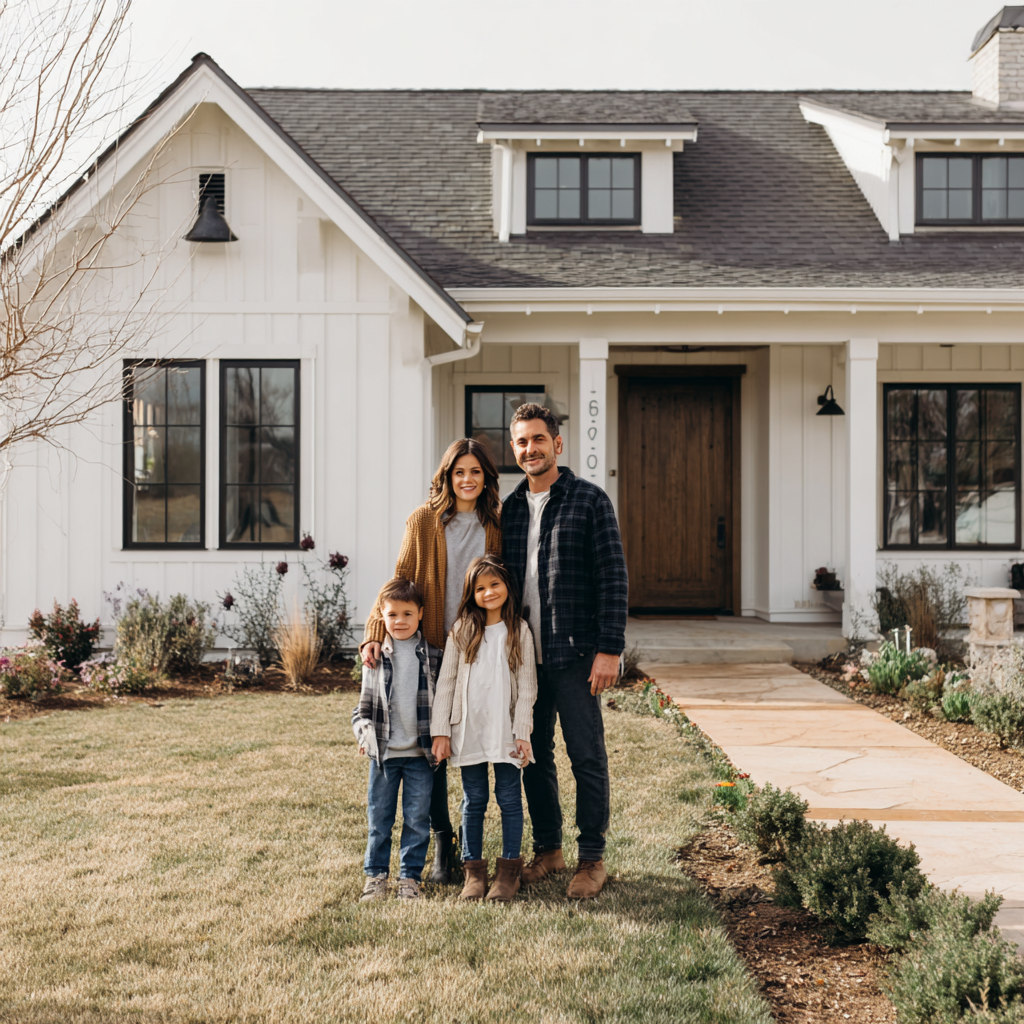 Happy family in front of their home